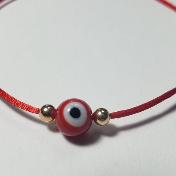14K Solid GOLD Beads Evil Eye Red String Kabbalah Bracelet Protection Good Luck - Picture 4 of 7